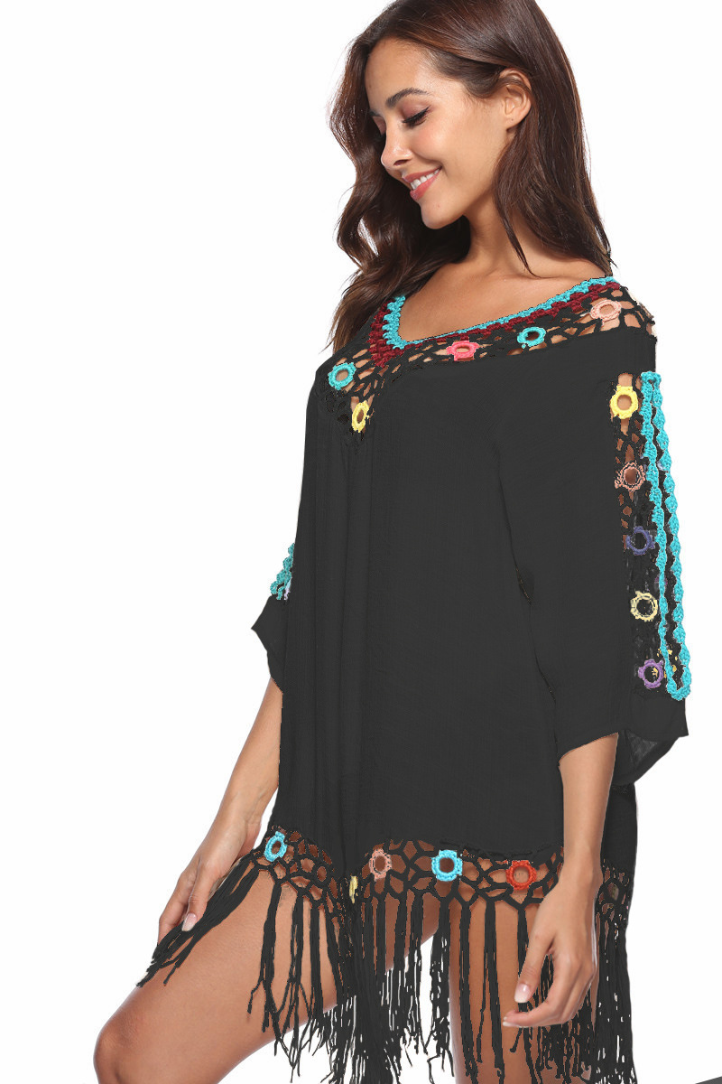 Womens Boho Beach Cover-Up With Tassel Hem - Sexy Crochet V-Neck Beach Dress